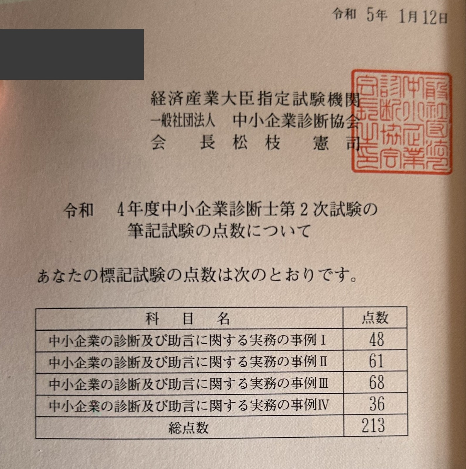 令和4年度2次試験の得点開示結果（213点）